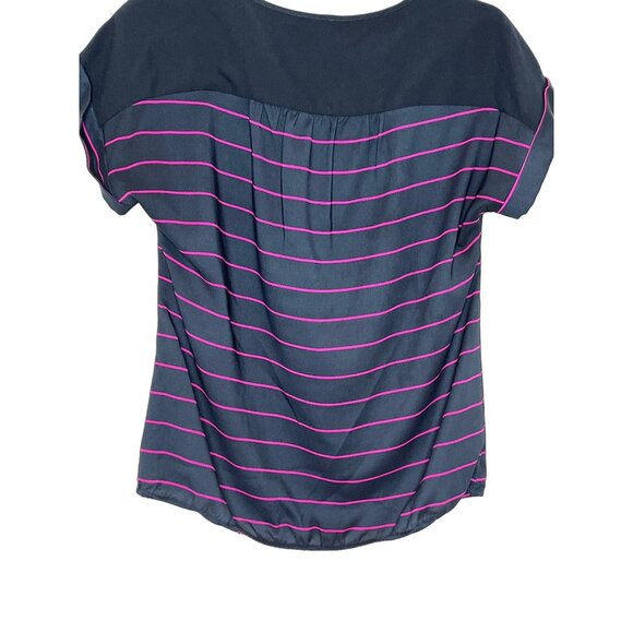 Ann Taylor Striped Blouse Size M Navy Pink Elastic Hem Cap Sleeve Top - Picture 11 of 12